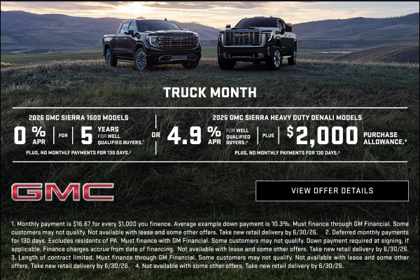 2026 GMC SIERRA 1500 MODELS

0% APR FOR 5 YEARS for well-qualified buyers.1

Plus, no monthly pay...